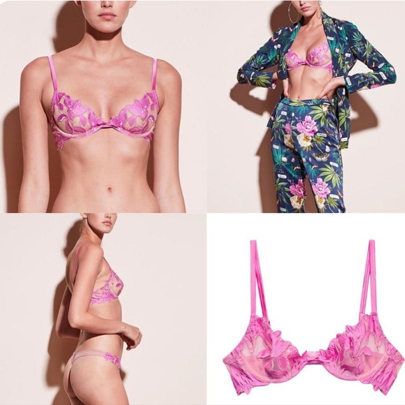 NWT Fleur du Mal Lily Embroidered Lace Bow Underwire Demi Bra AURA Silk Size 32F